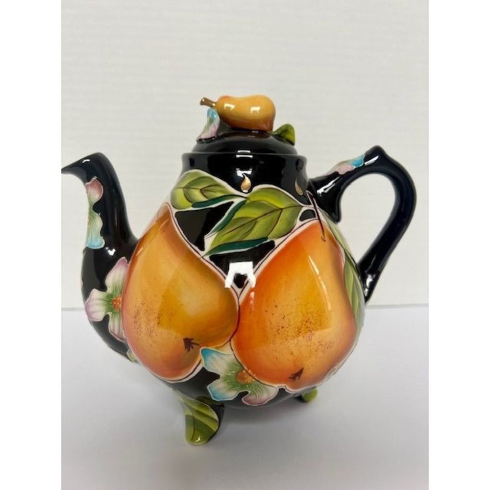 Blue Sky Black Bold Color Textured Icing on the Cake Pear Teapot Fruit Design